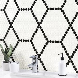 FREE SHIPPING - Black and White Hive Pattern 1" Hexagon Matte Porcelain Floor and Wall Tile